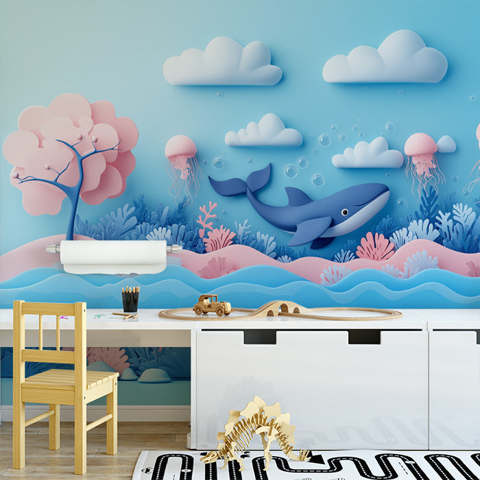 Paper Art Ocean Scene Mural Wallpaper in Playroom | Blue, Pink, and Various Pastel Shades Whale -7