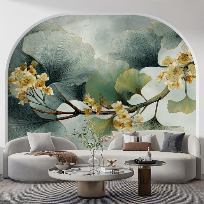 Abstract Flowering Ginkgo Branch Mural Wallpaper | Elegant Botanical Art with Marble