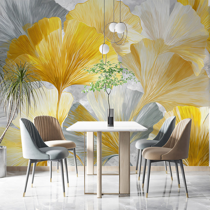 Abstract Golden Ginkgo Leaves Mural Wallpaper | Luxurious Gold & Grey Floral Art