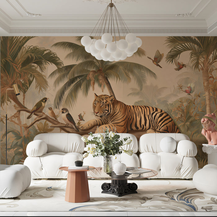 Serene Tiger in Jungle Mural Wallpaper | Classic Safari Wildlife Art with Birds
