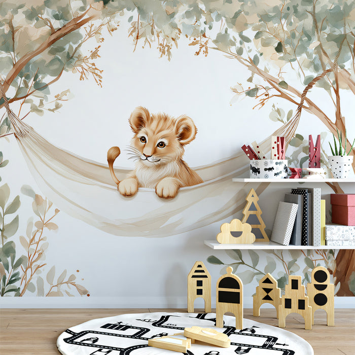 Adorable Lion Cub in Hammock Mural Wallpaper | Cute Safari Animal Art