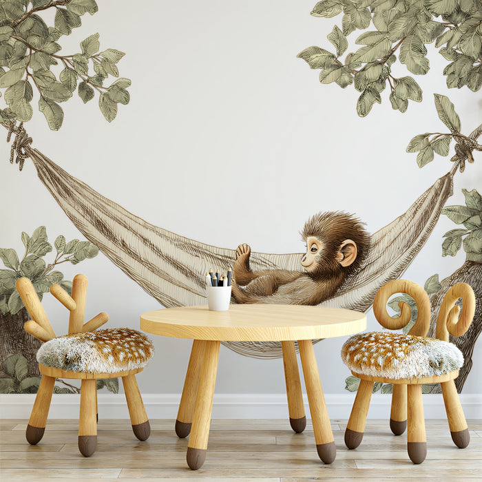 Adorable Monkey in Hammock Mural Wallpaper | Cute Safari Animal Art