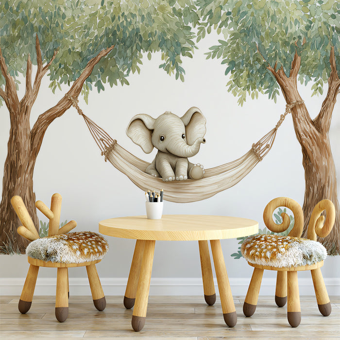 Adorable Elephant in Hammock Mural Wallpaper | Cute Safari Animal Art