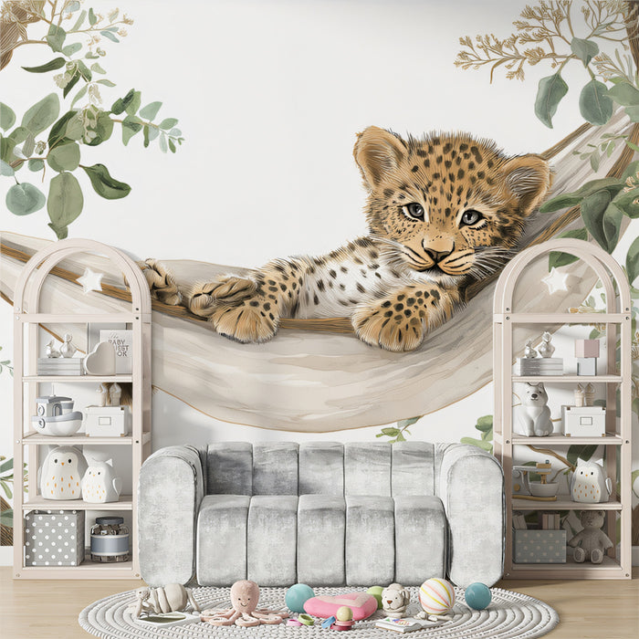 Adorable Leopard Cub in Hammock Mural Wallpaper | Cute Safari Animal Art
