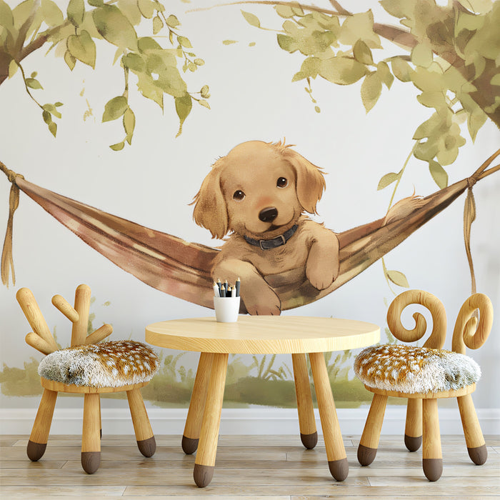Adorable Golden Retriever in Hammock Mural Wallpaper | Cute Puppy Art