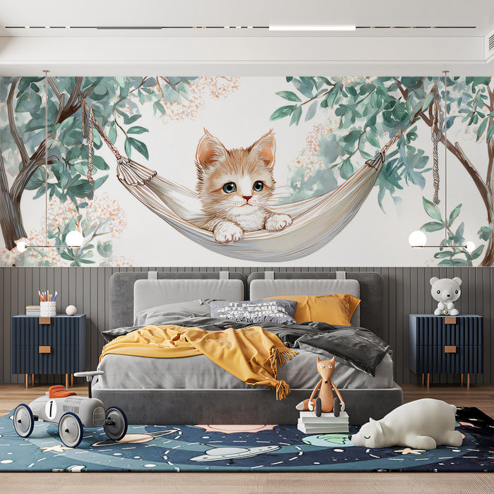 Adorable Kitten in Hammock Mural Wallpaper | Cute Feline Art