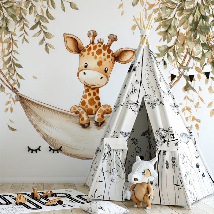 Murales de papel pintado con jirafa adorable en hamaca | Arte de animal de safari lindo
