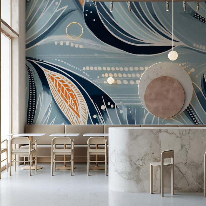 Abstract Teal & Orange Floral Mural Wallpaper | Modern Botanical Art with Textured Lines