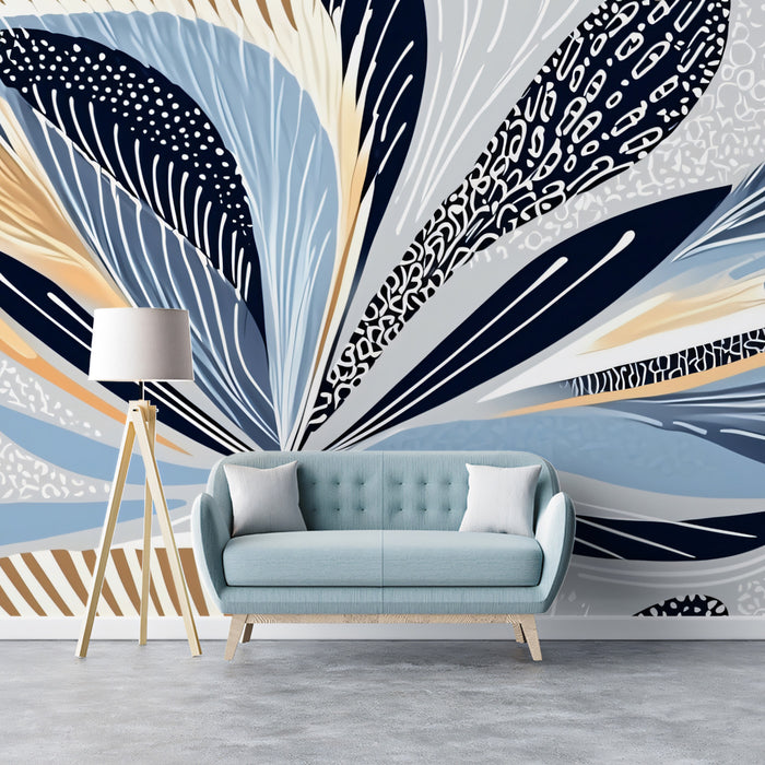 Papel tapiz mural floral abstracto en tonos turquesa y naranja | Arte botánico moderno con patrones intrincados