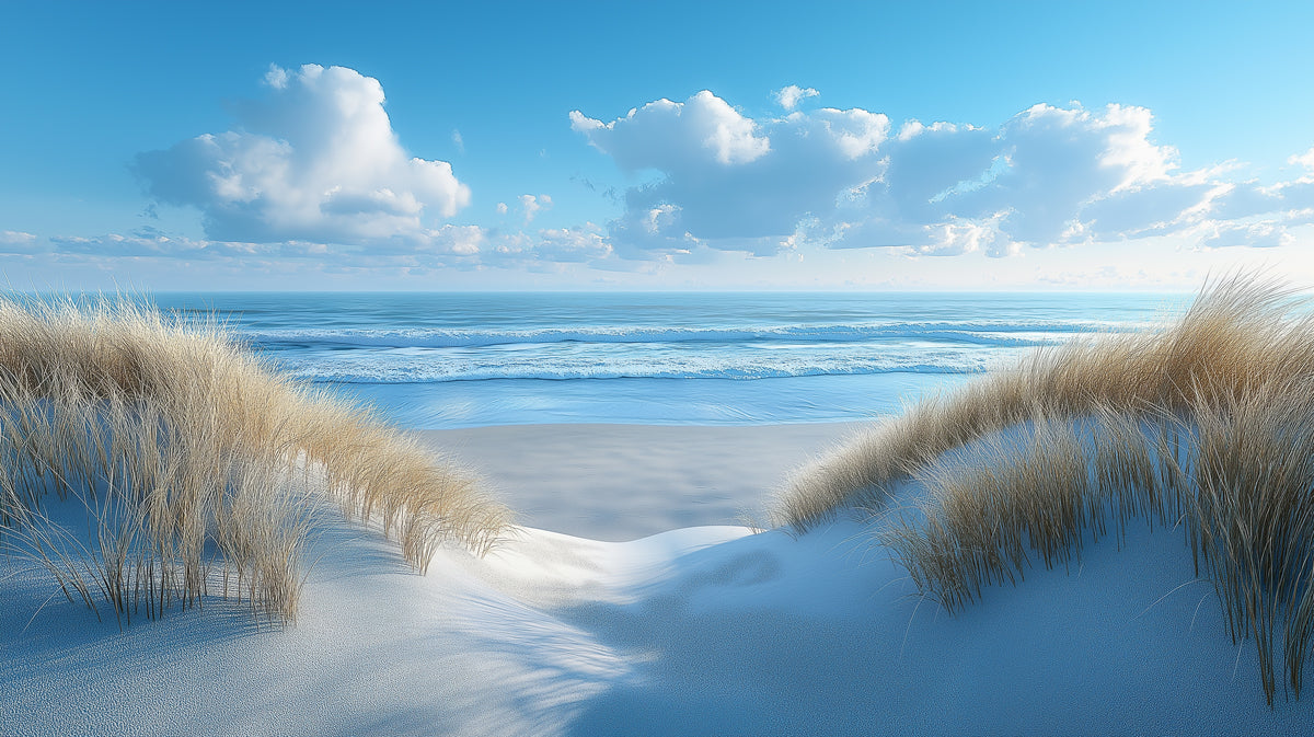 Mauerbild-Wandtapete mit Strandmotiv im Wohnzimmer | Blau, Weiß und Beige Strand und Himmel