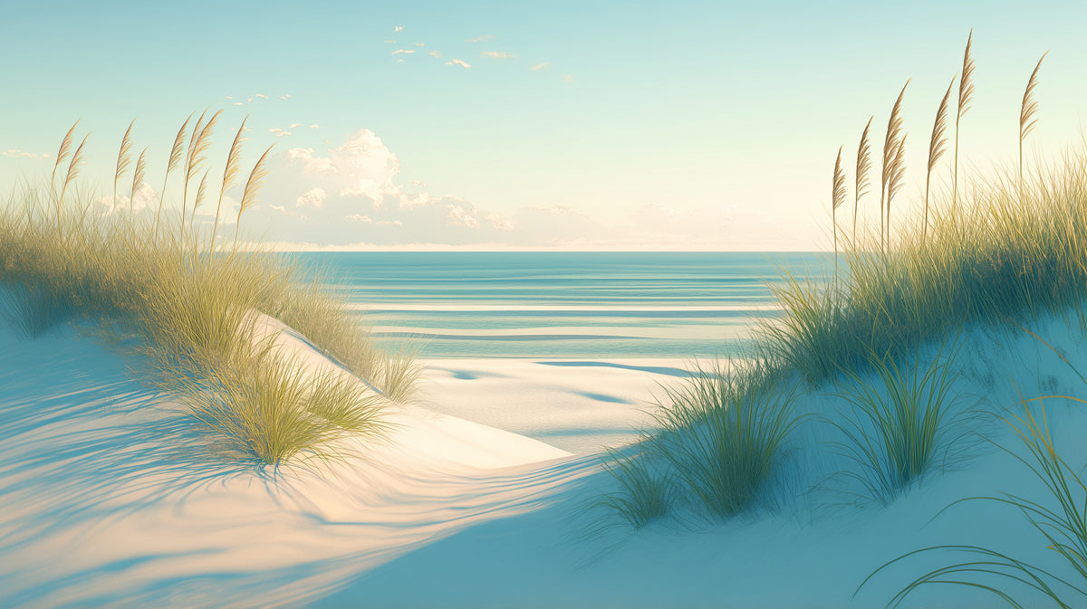 Mauerbild-Wandtapete mit Strandmotiv im Wohnzimmer | Blau, Weiß und Beige Strand und Himmel -5