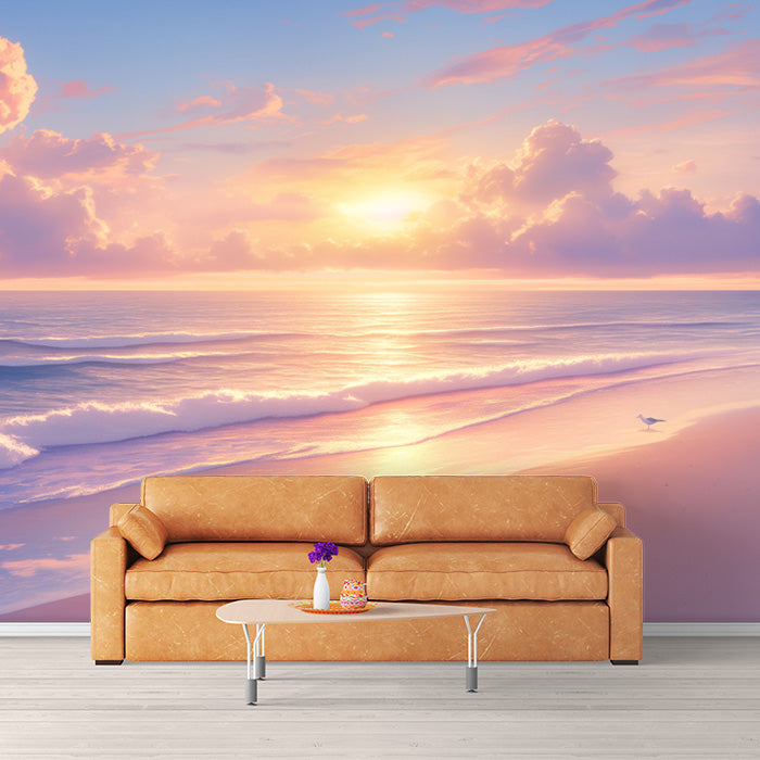 Mountain and Lake Sunset Mural Wallpaper in Living Room | Green, Blue, Red, and Yellow Mountain and Lake -2