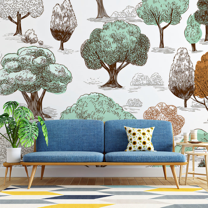 Whimsical Forest Sketch Mural Wallpaper | Hand-Drawn Trees & Landscape Pattern