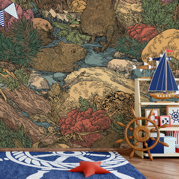 Detailed Woodland Creek Pattern Mural Wallpaper | Natural Forest Animals & Foliage