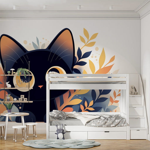 Black Cat and Autumn Leaves Mural Wallpaper in Playroom | Black, Orange, and Yellow Cat -1