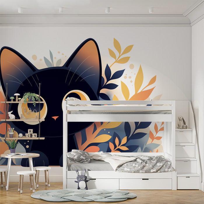 Black Cat and Autumn Leaves Mural Wallpaper in Playroom | Black, Orange, and Yellow Cat -1