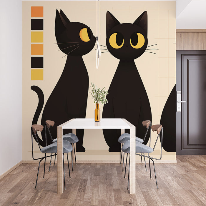 Black Cat and Autumn Leaves Mural Wallpaper in Playroom | Black, Orange, and Yellow Cat -2