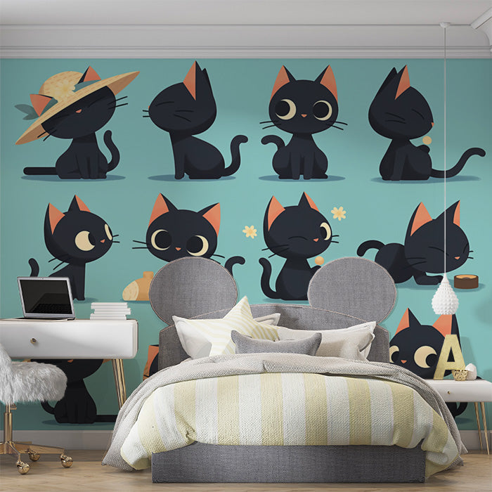 Black Cat and Autumn Leaves Mural Wallpaper in Playroom | Black, Orange, and Yellow Cat -3