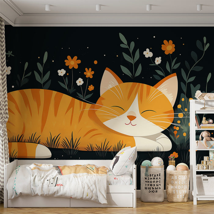 Black Cat and Autumn Leaves Mural Wallpaper in Playroom | Black, Orange, and Yellow Cat -4