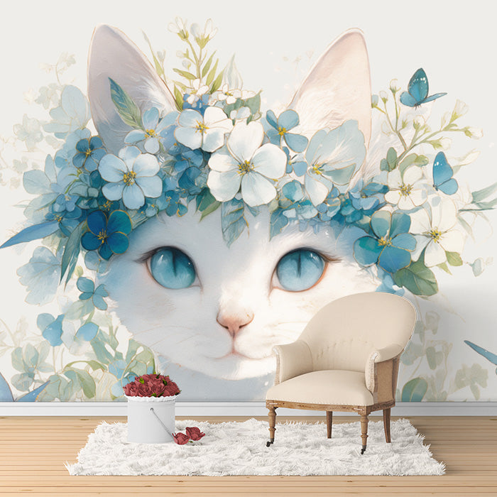 White Cat with Floral Crown Mural Wallpaper in Bedroom | White, Blue, and Green Cat