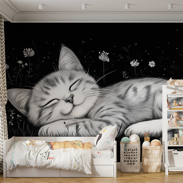 Sleeping Cat Mural Wallpaper in Bedroom | Black, White, and Gray Cat