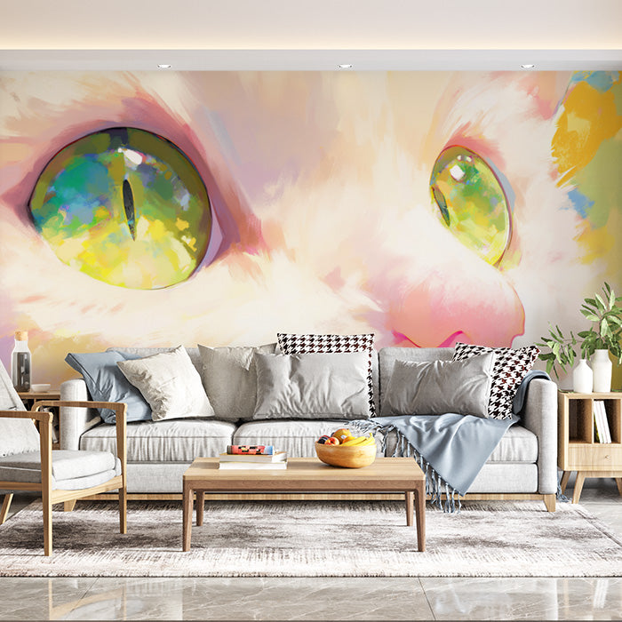 Cat Eyes Mural Wallpaper in Living Room | Various Colors (Pink, Yellow, Green, etc.)