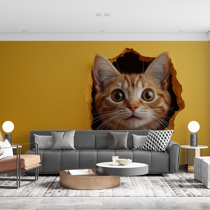 3D Cat Hole Mural Wallpaper in Living Room | Orange, Yellow, and Gray Cat