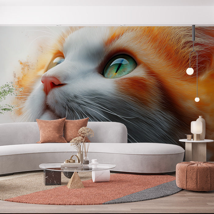 3D Cat Hole Mural Wallpaper in Living Room | Orange, Yellow, and Gray Cat -1