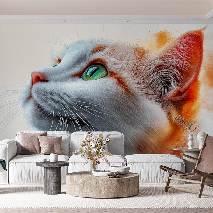 3D Cat Hole Mural Wallpaper in Living Room | Orange, Yellow, and Gray Cat -2