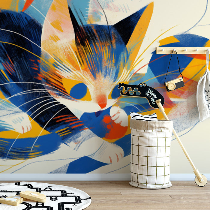 Abstract Cat Mural Wallpaper in Playroom | Blue, Orange, Yellow, and Black Cat