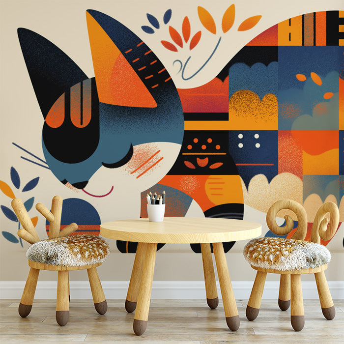 Abstract Cat Mural Wallpaper in Playroom | Blue, Orange, Yellow, and Black Cat -1