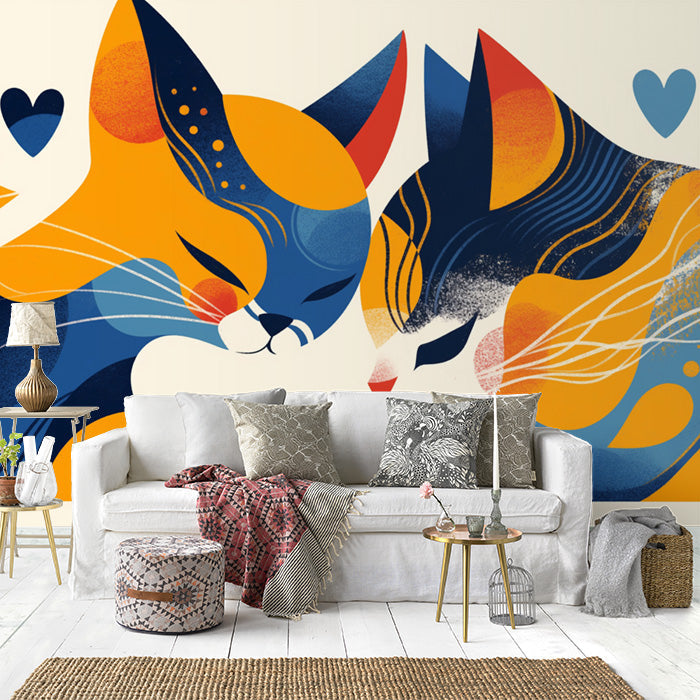 Abstract Cat Mural Wallpaper in Playroom | Blue, Orange, Yellow, and Black Cat -2