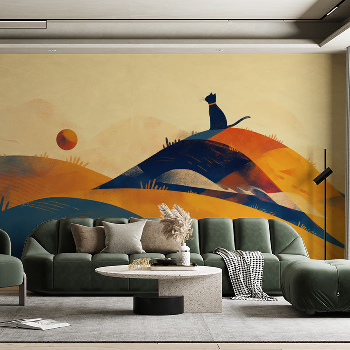 Cat on Hill Mural Wallpaper in Living Room | Yellow, Orange, Blue, and Black Cat