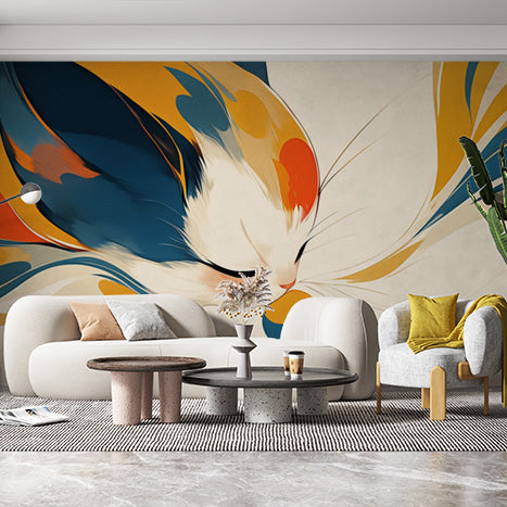 Abstract Cat Mural Wallpaper in Playroom | Blue, Orange, Yellow, and Black Cat -3