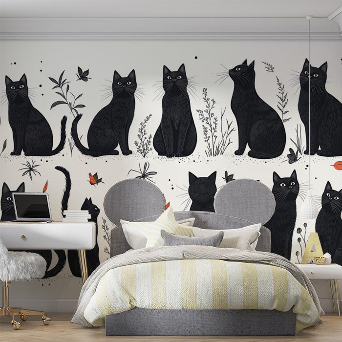 Black Cats Mural Wallpaper in Living Room | Black, White, and Gold Cats -1