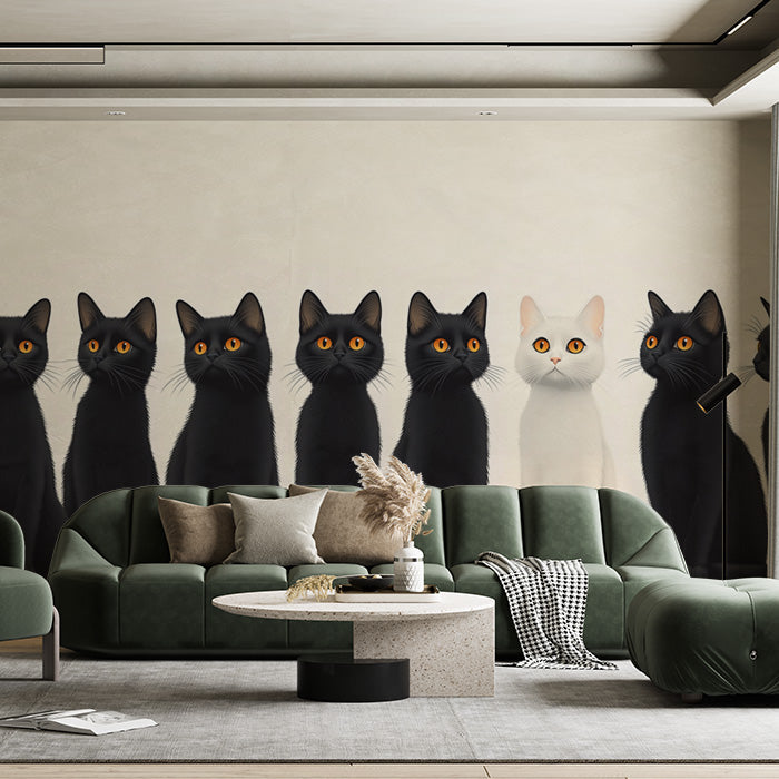 Black Cats Mural Wallpaper in Living Room | Black, White, and Gold Cats -3