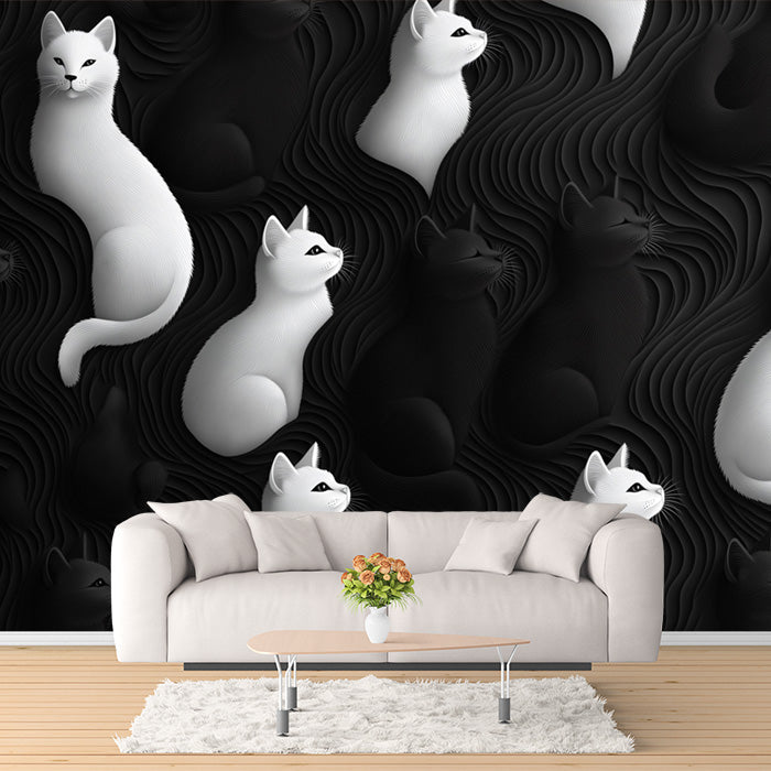 Black Cats Mural Wallpaper in Living Room | Black, White, and Gold Cats -4