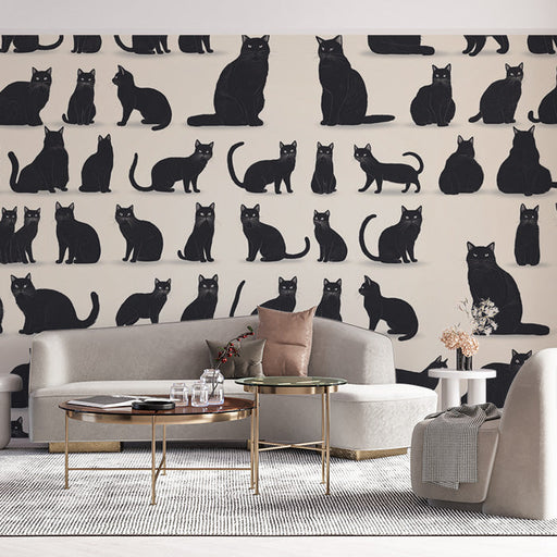 Black Cats Mural Wallpaper in Living Room | Black, White, and Gold Cats -5