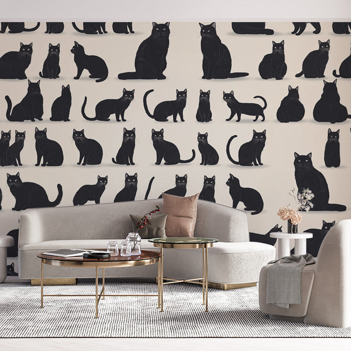 Black Cats Mural Wallpaper in Living Room | Black, White, and Gold Cats -5