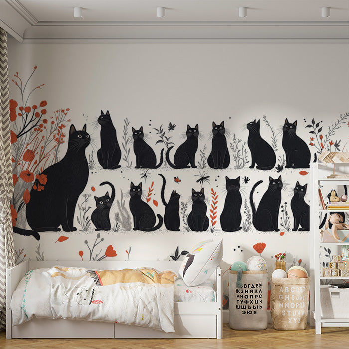 Black Cats Mural Wallpaper in Living Room | Black, White, and Gold Cats -6