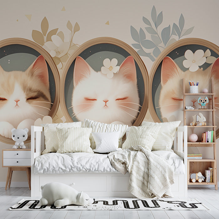 Sleeping Cats in Frames Mural Wallpaper in Bedroom | Beige, White, and Pastel Colors of Sleeping Cats