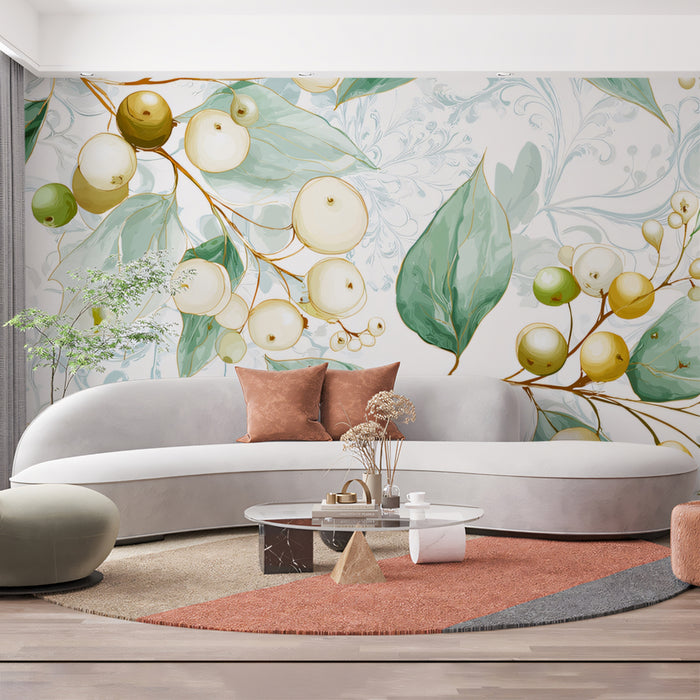 Luminous Berry & Leaf Mural Wallpaper | Watercolor Botanical Art