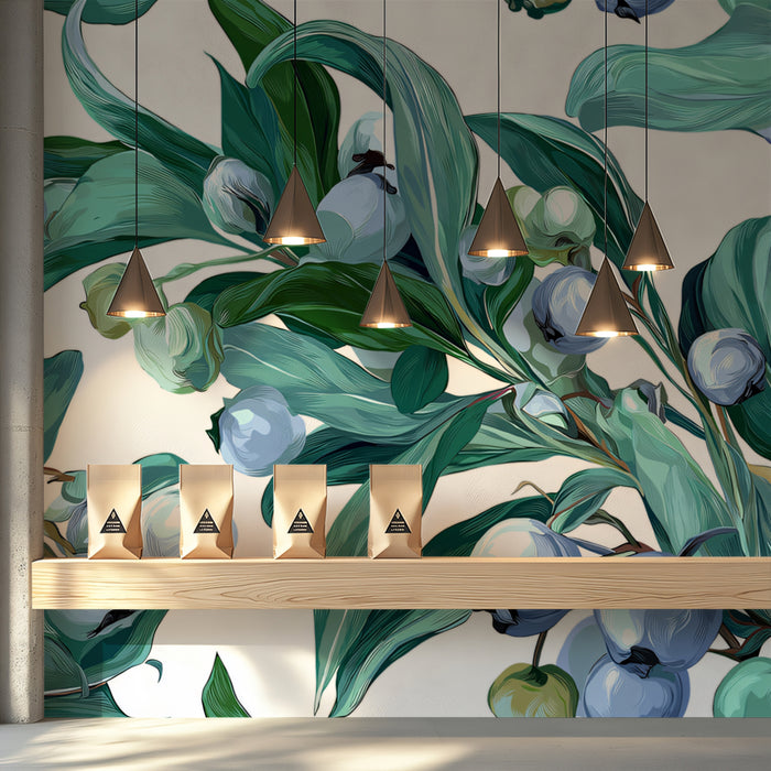 Aqua Bloom & Leaf Mural Wallpaper | Vibrant Botanical Art