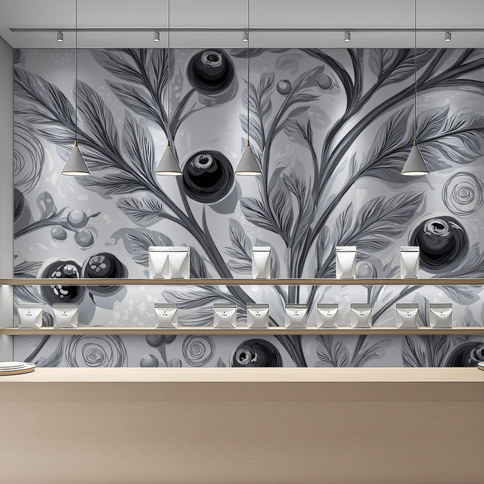 Charcoal Berry Branch Mural Wallpaper | Monochromatic Botanical Art