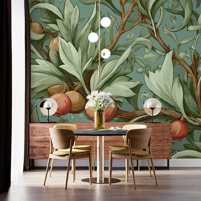 Orchard Fruit & Leaf Mural Wallpaper | Art Nouveau Botanical Art
