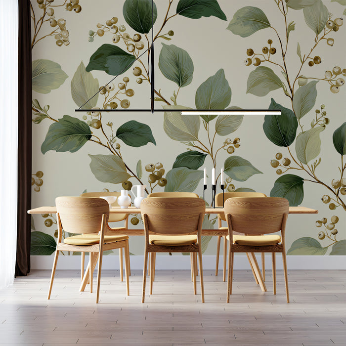 Eucalyptus & Berry Vine Mural Wallpaper | Earthy Botanical Pattern