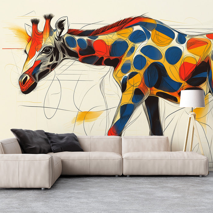 Abstract Giraffe Mural Wallpaper in Living Room | Orange, Blue, Yellow, and Red Giraffe