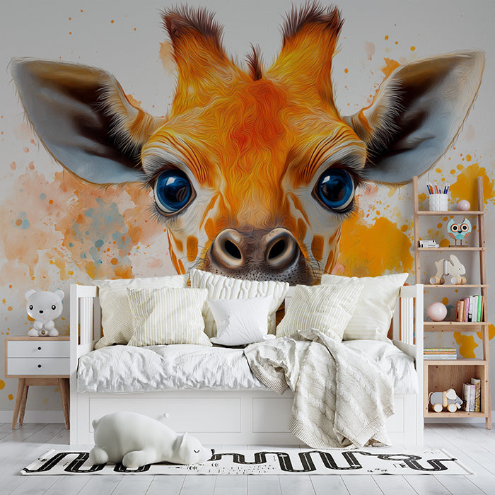 Abstract Giraffe Mural Wallpaper in Living Room | Orange, Blue, Yellow, and Red Giraffe -1