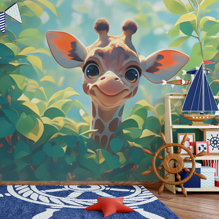 Abstract Giraffe Mural Wallpaper in Living Room | Orange, Blue, Yellow, and Red Giraffe -2
