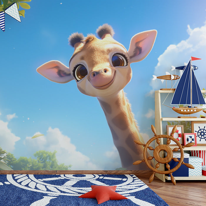 Abstract Giraffe Mural Wallpaper in Living Room | Orange, Blue, Yellow, and Red Giraffe -3
